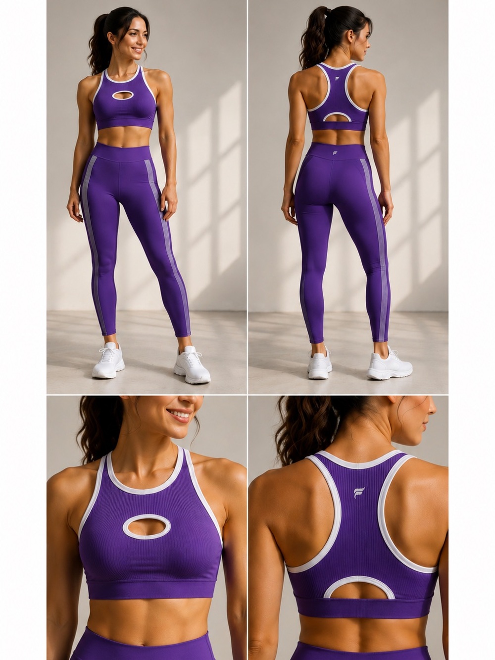 Fabletics Purple High-Rise Leggings & Sports Bra with White Stripe